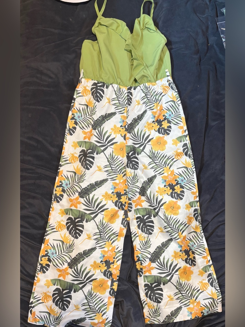 SHEIN Green Bodice Tropical Floral Wide-Leg Jumpsuit